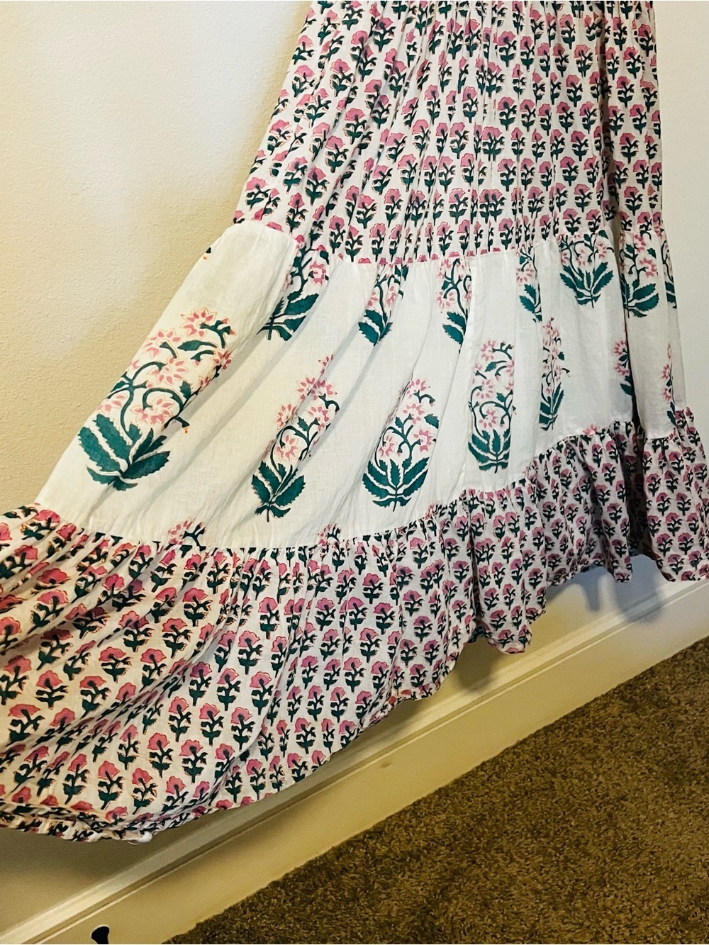 Oliphant XS Floral Block Print Cotton Tiered Maxi Dress Tassel Resort Boho - Picture 5 of 6